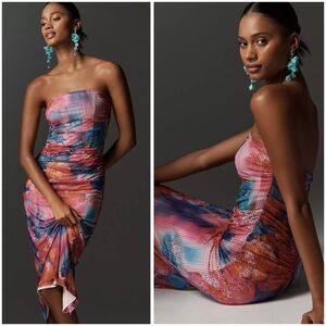 Anthropologie The Soleil Slim Strapless Ruched Mesh Dress In Multicolor